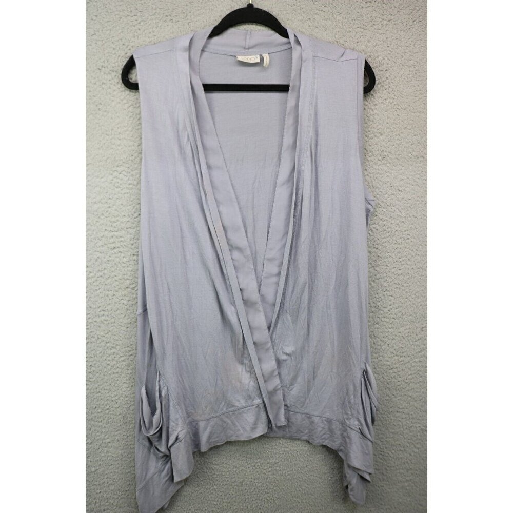 LOGO by Lori Goldstein Sleeveless Gray Silky Open Front Overlay-1X-Boho-Pockets